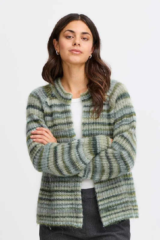 Fransa  Stripe Cardigan in Green Autumn Mix Hooded Caped Shawl Collar