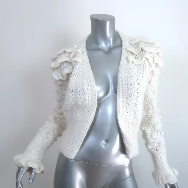 Frederick Anderson Crochet Cardigan Cream Ruffled Pom Pom Knit Size Small Real Fur Shearling Chenille