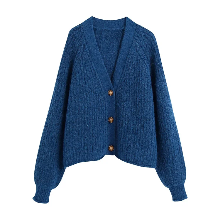 French loose casual spike knit cardigan sweater coat  7382 Boxy Cardigan Fitted Cardigan A-Line