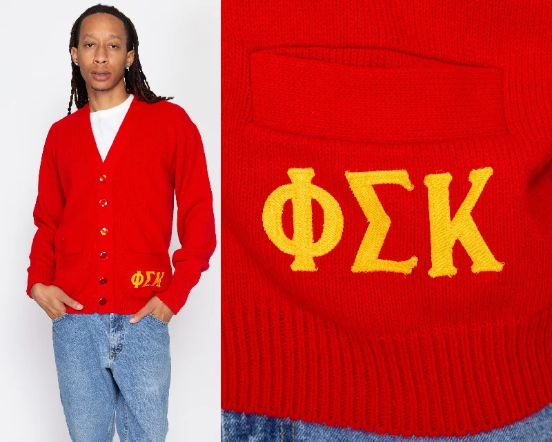 Large 70s Red Phi Sigma Kappa Fraternity Cardigan Welt Pockets Slit Pockets Flap Pockets