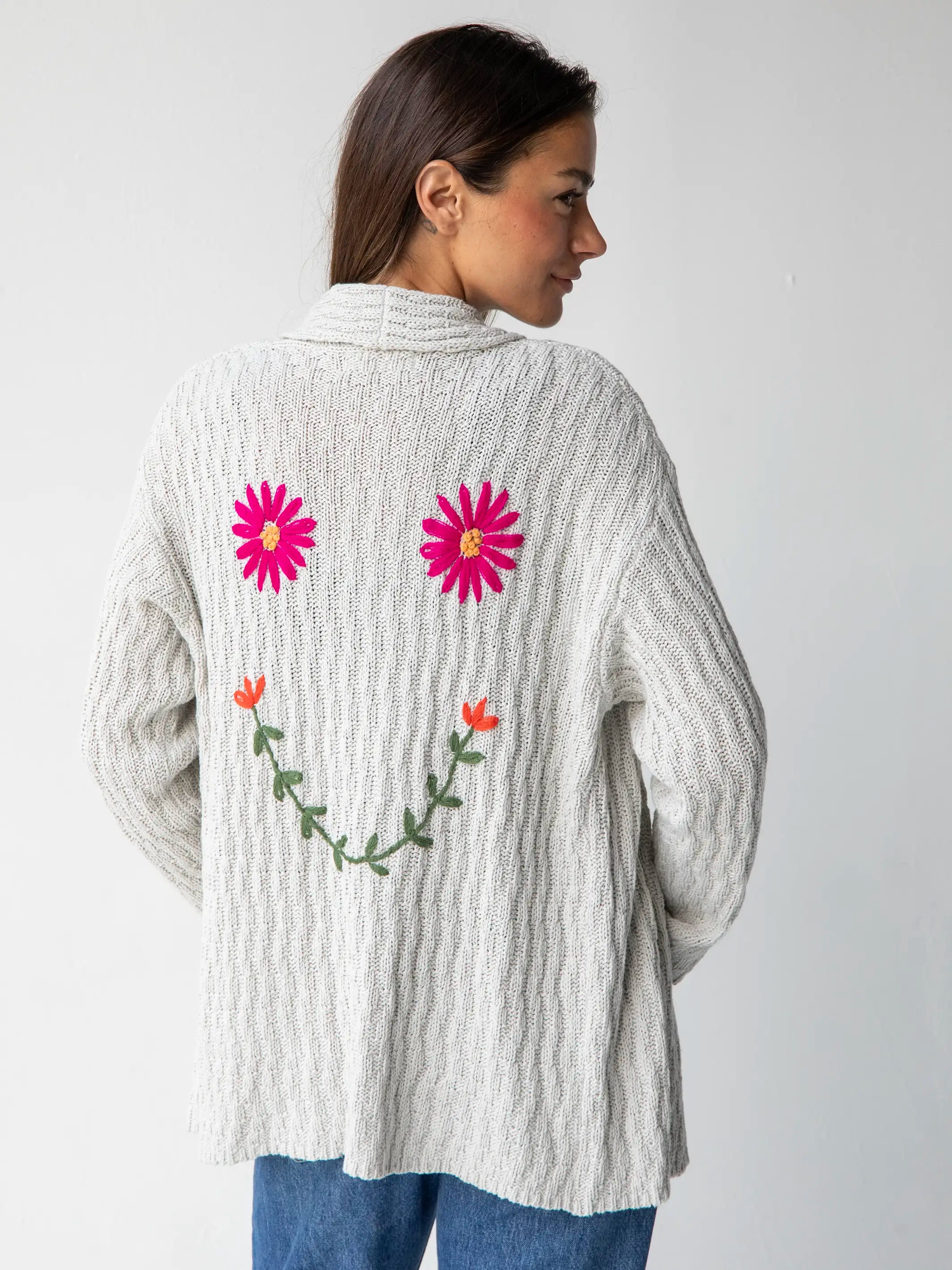 Little Things Embroidered Cardigan Sweater - Cream Smiley Face Solid Color Striped Floral Print