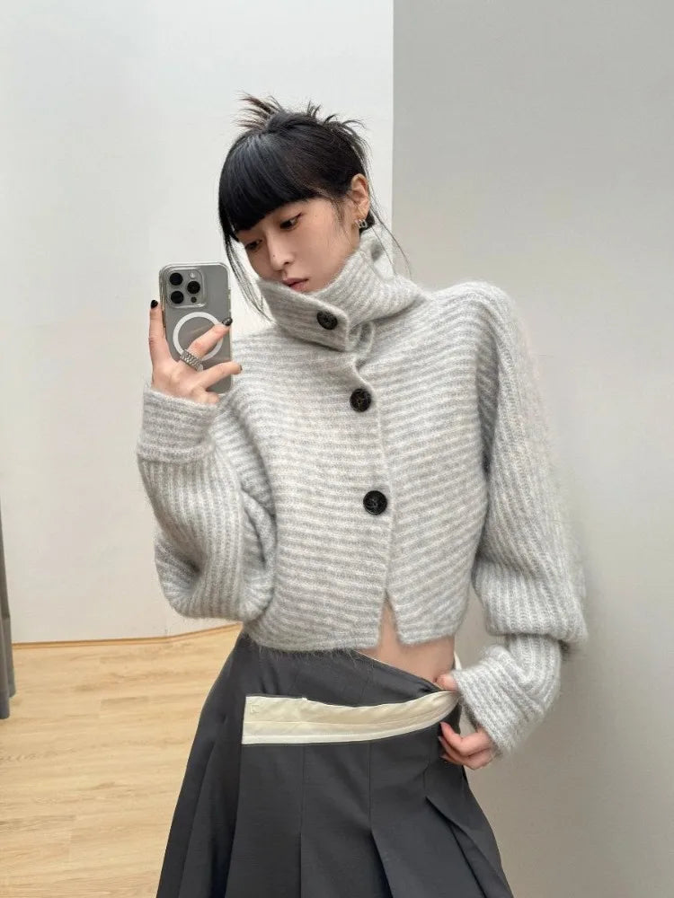 Lunivop Gray Turtleneck Knitted Cardigan Harajuku Korean Style Cropped Sweaters Gyaru Y2k Vintage Striped Loose Knitwears Basic Plaid Cardigan Polka Dot Checkered