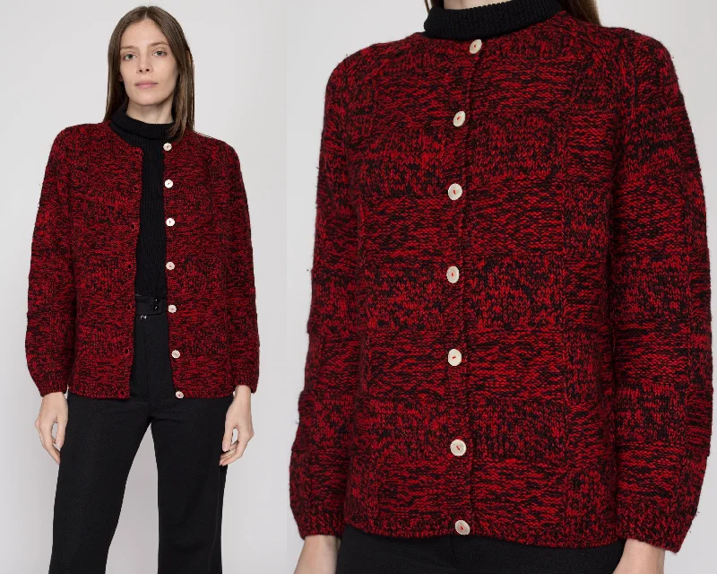 Medium 60s Saks Fifth Avenue Red & Black Marled Wool Cardigan Cable Knit Ribbed Knit Lace Knit