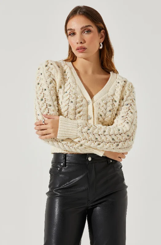 Mien Embellished Cable Knit Cardigan Sweater Stretchy Elastic Breathable