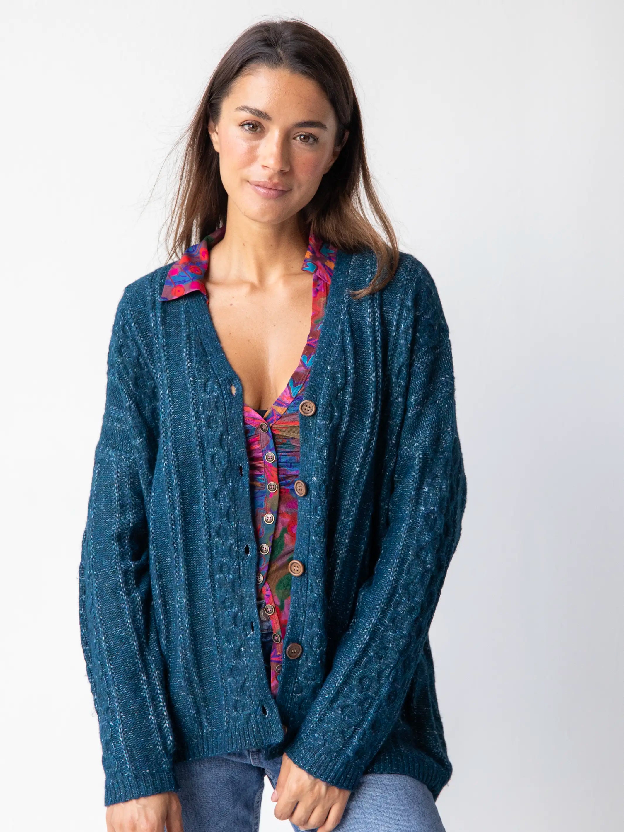 So Soft Grandpa Cardigan - Dark Teal Cashmere Blend Cotton Blend Poly Blend