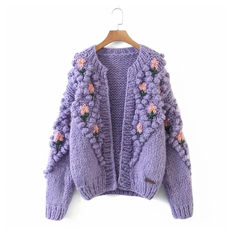 Three dimensional flower hook woven lantern sleeve cardigan sweater coat  7379 Mesh Cardigan Canvas Denim