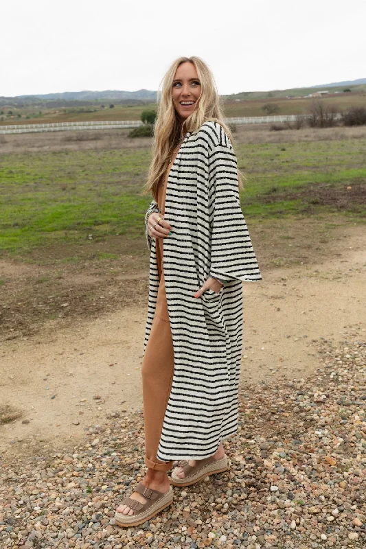 The Nest Venyx Striped Duster Cardigan - Cream Black Spandex Rayon Corduroy